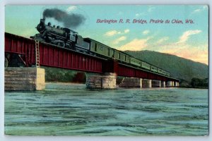 Prairie Du Chien Wisconsin Postcard Burlington Railroad Bridge Locomotive 1910