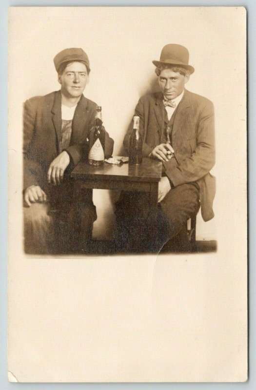 RPPC One Young Man Relaxes With a Blatz Beer Bottle~Other Has A Cigar, Too~1910 