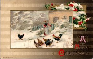 John Winsch 1910 Christmas Postcard Woman Feeding Chicken in the Snow