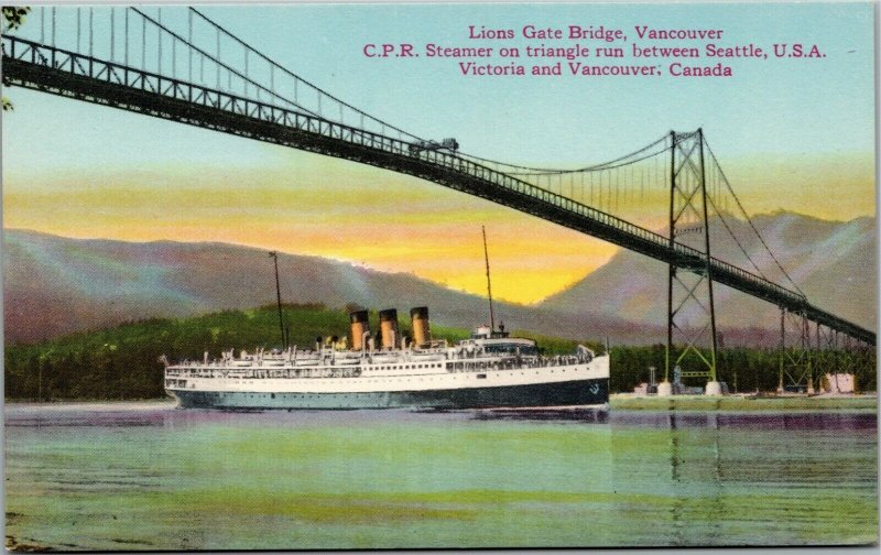 postcard Lions Gate Bridge C.P.R. Steamer Vancouver Canada suspension