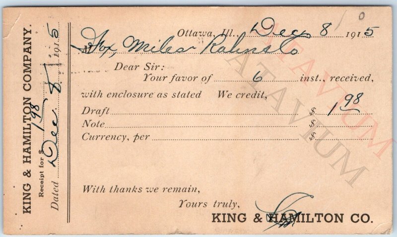 1915 Ottawa, IL King & Hamilton Company Invoice Receipt Form Postcard ILL A169