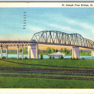 c1940s St. Joseph, MO Free Bridge Railway Train Tracks Linen PC Steamship A293