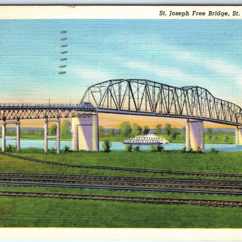 c1940s St. Joseph, MO Free Bridge Railway Train Tracks Linen PC Steamship A293