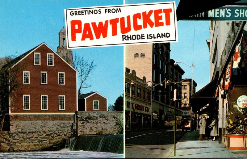 Rhode Island Pawtucket Greetings Showing Main Street and Old Slater Mill