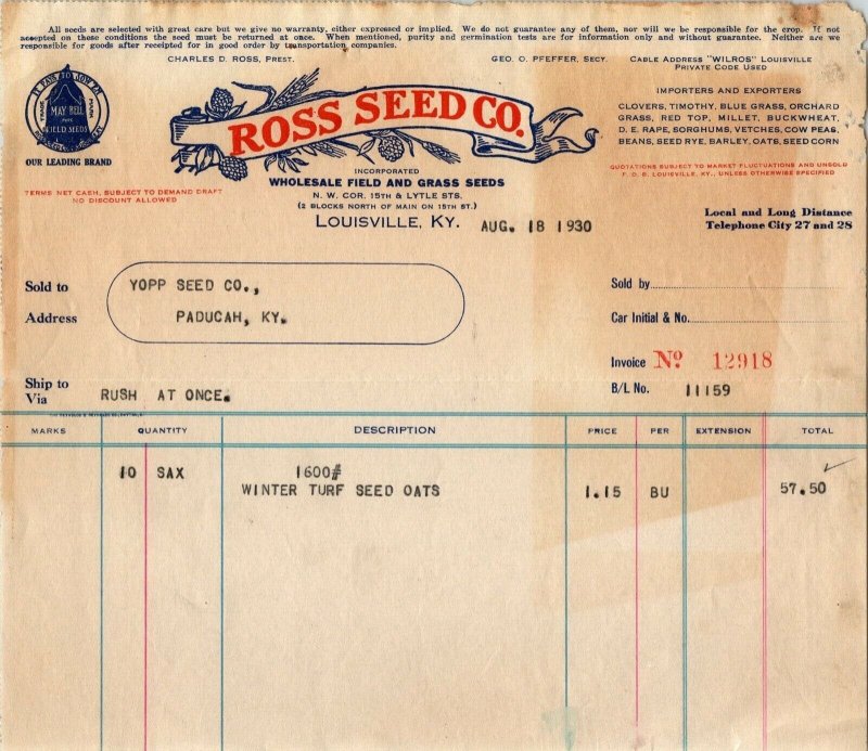 Antique Billhead Invoice Receipt Ross Seed Louisville KY 1930 Farm Agriculture 