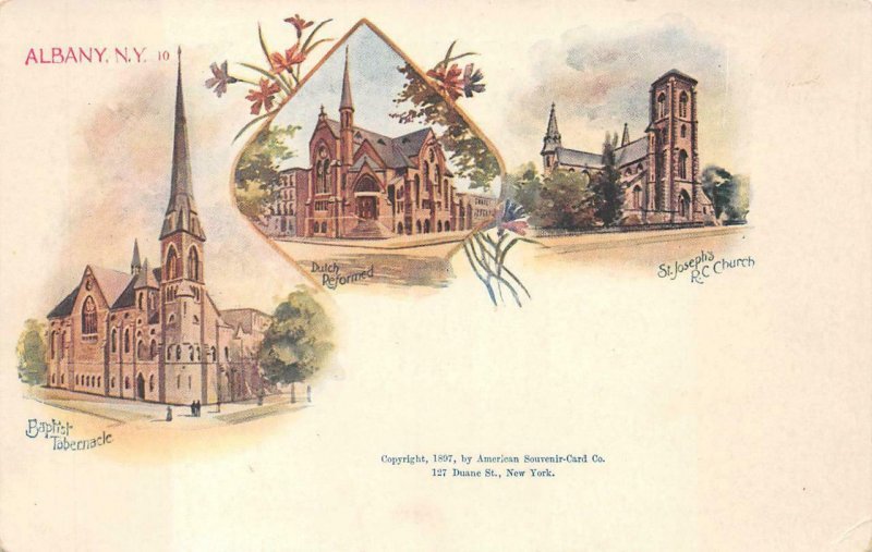 BAPTIST TABERNACLE DUTCH REFORMED & R.C. CHURCH ALBANY NEW YORK POSTCARD (1897)