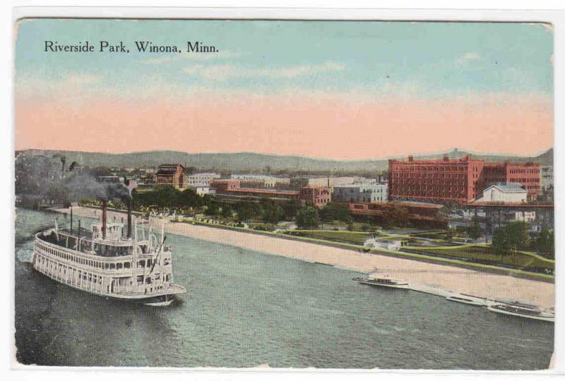 Paddle Steamer Riverside Park Winona Minnesota 1910c postcard