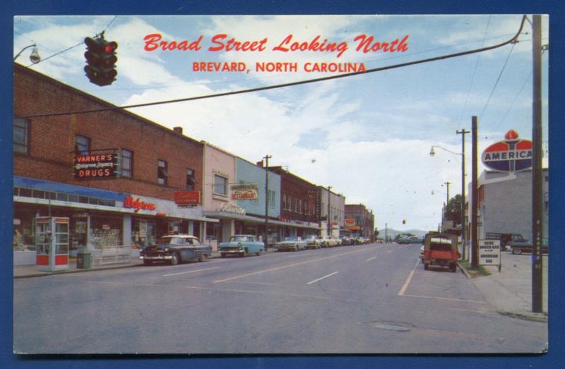 Brevard North Carolina nc Broad street Walgreens American Oil sign cars postcard