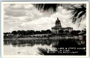 1939 Pierre, SD RPPC Capitol Lake State House Real Photo Building Postcard A95