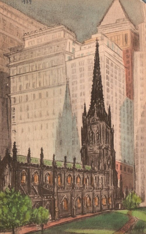 Vintage Postcard 1939 Historical Trinity Church Broadway Wall St. New York City