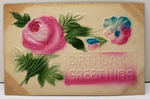 Birthday Greeting Embossed Airbrushed Silk Embellished Beautiful Postcard E6