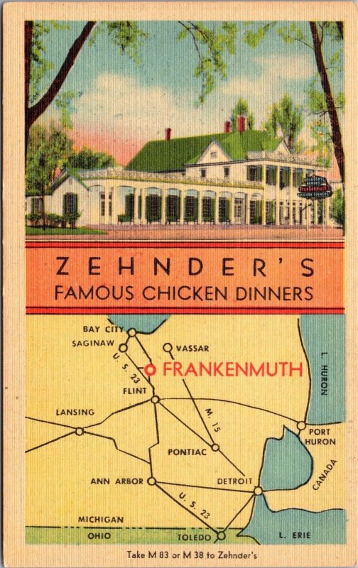 Linen Postcard Zehnder's Famous Chicken Dinners in Frankenmuth, Michigan 
