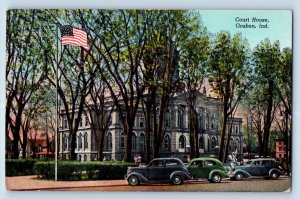 Goshen Indiana IN Postcard Court House Building Classic Cars Flag 1958 Vintage