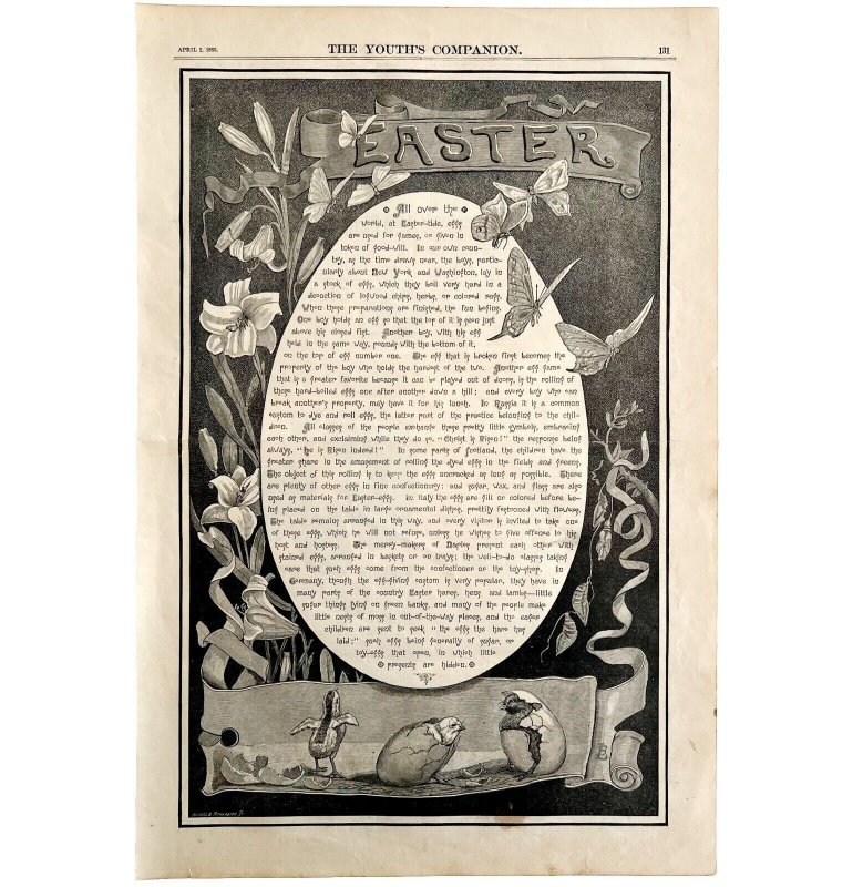 Easter Woodcut Poem 1885 Victorian XL Full Page Art Spring Holiday DWII1