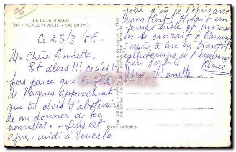 Old Postcard Cote D Azur Vence la Jolie Vue generale