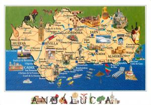 Andalucia map postcard 11x16cm Spain Cadiz Sevilla Granada Cordoba Jaen Huelva