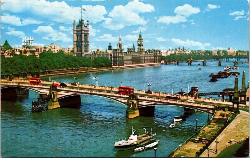 Lambeth Bridge House Parliament London Wob Note Pm Boats Double Decker Postcard 