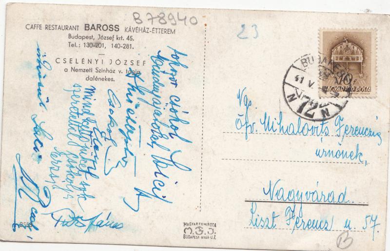 B78940 caffe restaurant baross budapest cselenyi josef hungary front/back image