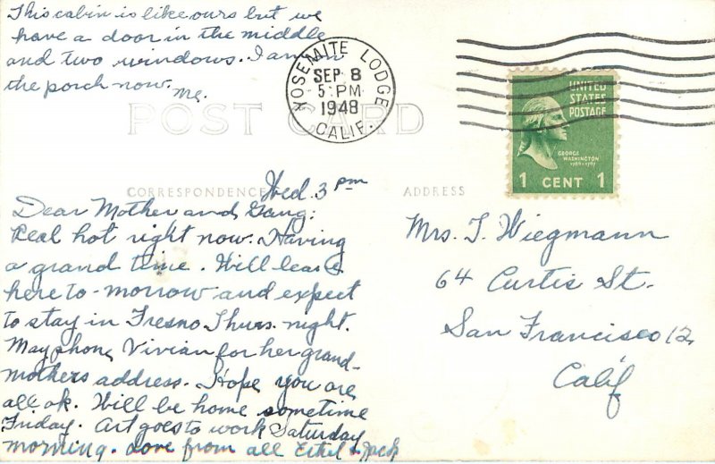 RPPC Postcard Yosemite Lodge & Ranger Cabins CA Posted Yosemite Lodge 1948
