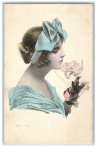 1913 Pretty Woman Smells Roses Flowers Bow Ribbon Head Baltimore MD Postcard