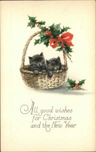 CHRISTMAS Kittens in Basket with Holly Gibson Embossed c1910 Postcard