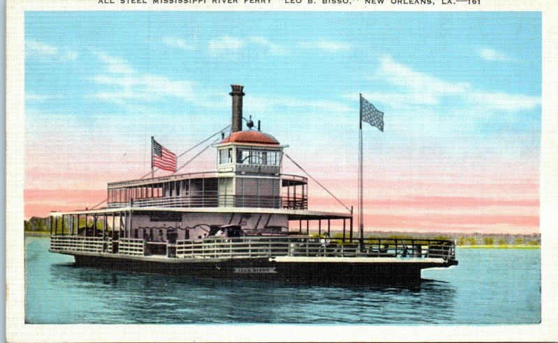 1930s Mississippi River Ferry Steamer Leo B Bisso New Orleans Louisiana Postcard