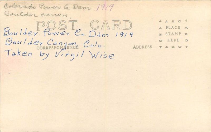 1919 Colorado Power Co Dam Boulder RPPC real photo postcard 7478