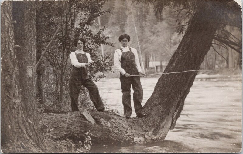 Two Young Women Fishing Dressed Similar Clothes Angling RPPC Postcard F78