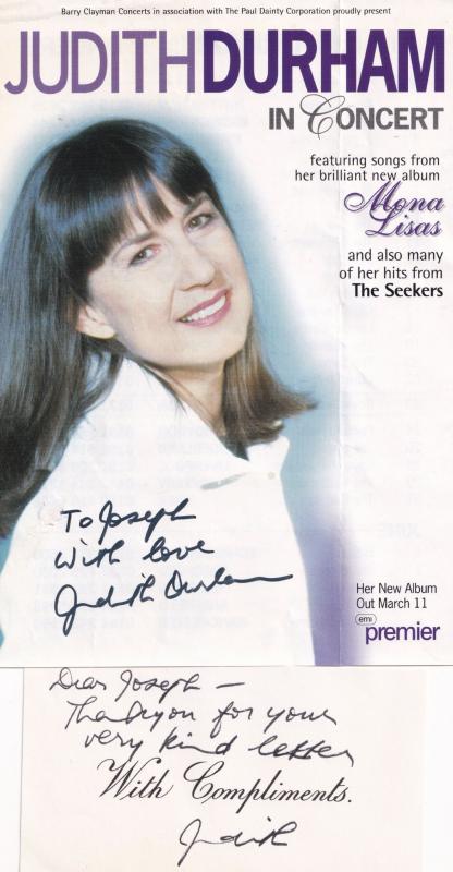 Judith Durham The Seekers 2x Hand Signed Live Concert Flyer Card