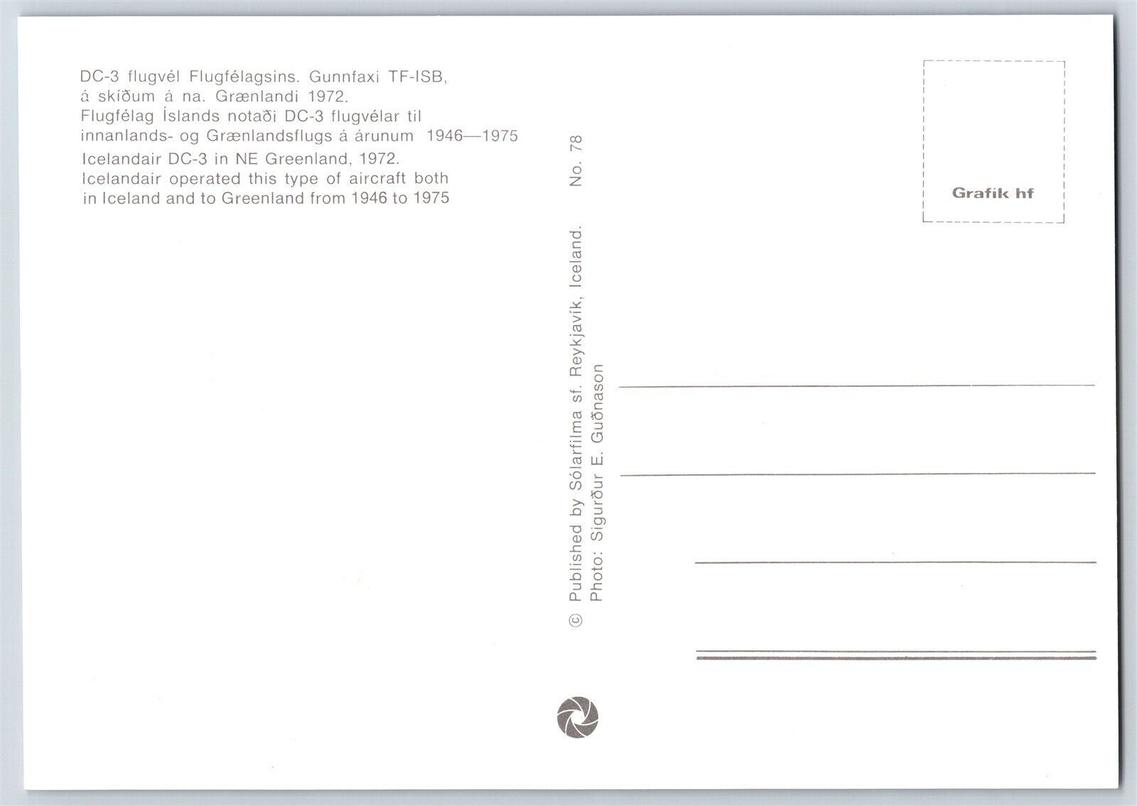 Airplane Postcard Icelandair Airlines DC3 in Greenland Snow & Sled