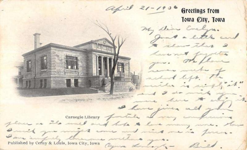 Iowa City Carnegie Library Greeting Private Mailing 1906 Antique Postcard K11940