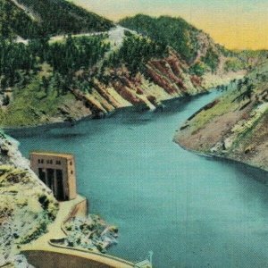 USA Seminoe Dam and Lake North Platte River Linen Postcard 07.63