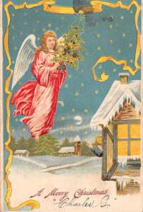 Christmas Greetings Angel with Tree Boy in Window Antique Postcard J75790