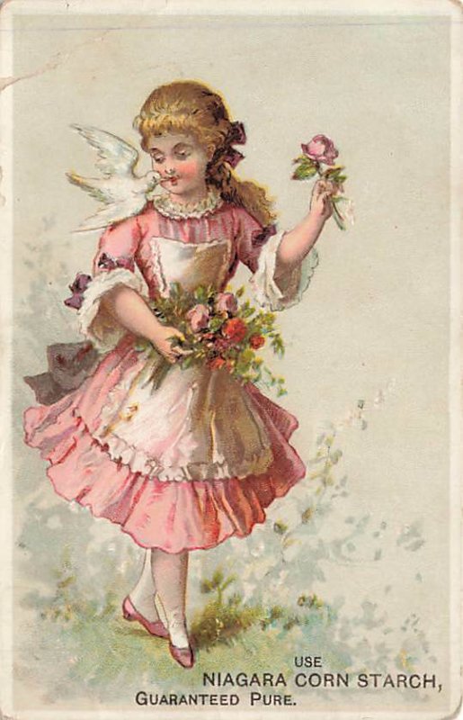 Niagara Corn Starch Girl Dove Flowers Victorian Trade Card 