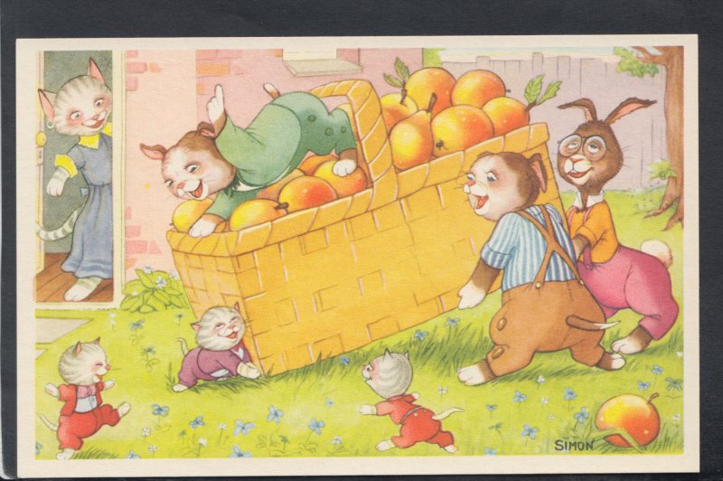 Childrens Postcard - Cute Animals With a Basket of Fruit  - Artist Simon  HP227