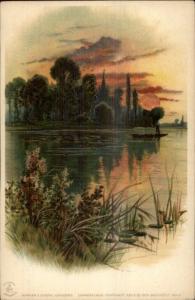 Sunset on Pond Foil Finish Sun Winkler & Schorn German Lithography Postcard