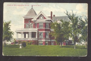 LINCOLN NEBRASKA WILLIAM JENNINGS BRYAN RESIDENCE 1908 VINTAGE POSTCARD