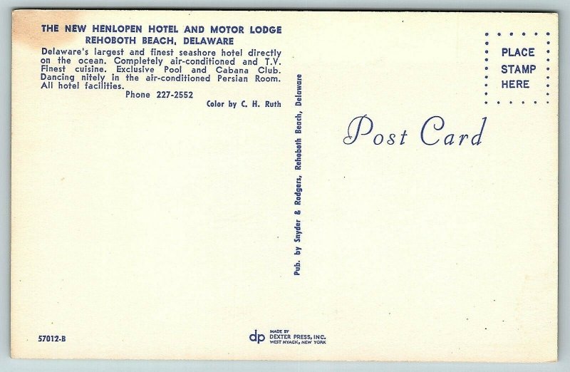 Postcard DE Rehoboth Beach Airview New Henlopen Hotel & Motor Lodge 1950's Cars