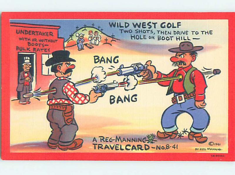 Linen comic signed OLD WEST COWBOYS SHOOT EACH OTHER IN SHOOTOUT HJ1976