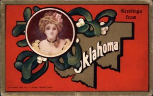 Beautiful Woman & Map of Oklahoma Amorita OK Cancel 1910 Postcard