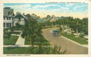 St Petersburg, Florida Beach Dr  from 5th Ave, Old Car, White Border Postcard