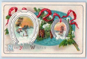 Fullerton Nebraska NE Postcard New Year Horseshoe Pinecone Winter Embossed 1910