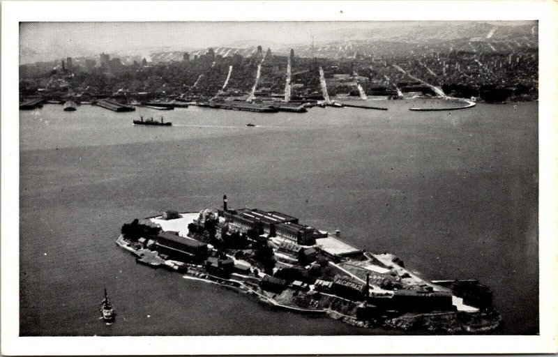 Alcatraz Prison Island Birds Eye View San Francisco California BW Postcard 