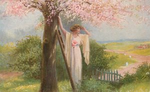 B580 German art depicting a beauty woman in anticipation near tree in bloom