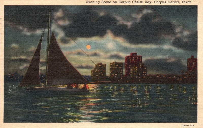 Vintage Postcard 1941 Evening Scene On Corpus Christi Bay Texas TX