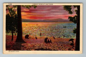 Lake Tahoe CA-California, Sunset Beach Boats Sailboat Mountains Vintage Postcard