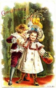 Two Children Greetings Printed On Silk Postcard