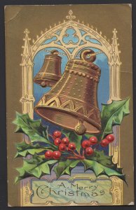 A Merry Christmas with Holly and Bells in a Church Window embossed pm1912 ~ DB