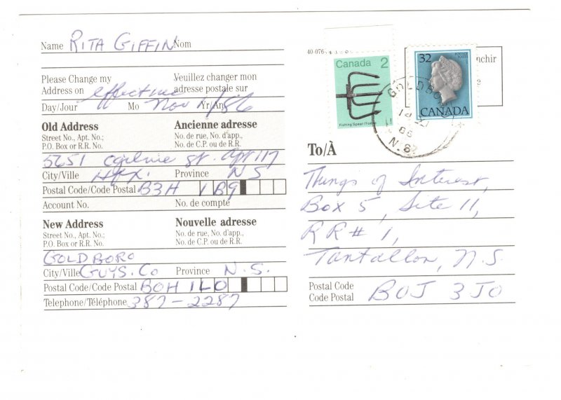 Canada Post Change of Address Form, Used 1988, Nova Scotia