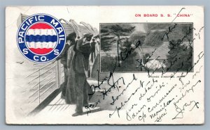 ON BOARD S.S. CHINA PACIFIC MAIL ANTIQUE POSTCARD w/ HONG KONG STAMP